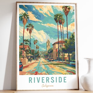 Cartel de viaje de Riverside California, arte de la pared de Riverside, impresión de Riverside, regalo de viaje de California, arte de la ciudad, arte de la pared de EE.UU., decoración del hogar de viaje