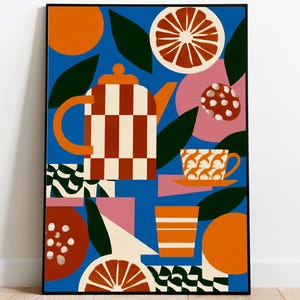 Stampa di frutta in stile metà secolo, arte con teiera e caffè, poster decorativo per la cucina scandinava