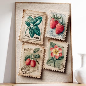 Vintage Aquarell Skizziert Briefmarken mit ein Poster im 1900 Look, Retro Stempel Collage, Trendy Briefmarkensammlung Poster,Erdbeere, Vintage getragen
