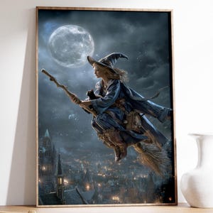 Halloween Witchy Wall Art, Vintage Witch Print, Witch Flying the Broomstick, Spooky Witch Wall Decor, Witch Poster, Spooky Season Art