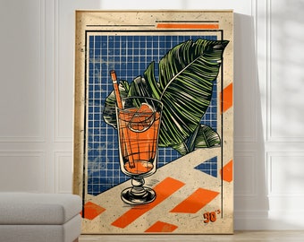 May include: A vintage-style poster featuring a glass of orange juice with a straw, a green tropical leaf, and a geometric pattern in orange and blue. The poster has a distressed, faded look and the text "90's" in the bottom right corner.