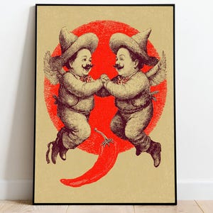 Puede incluir: Una lámina decorativa rectangular sobre papel color canela que muestra dos figuras aladas con sombreros y pajaritas, tomadas de la mano mientras flotan. Detrás hay un gran sol rojo y debajo se ilustra un chile rojo en la parte inferior.