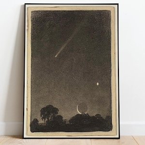 May include: Framed vintage print depicting a night sky scene. A comet streaks across the dark sky, with a crescent moon and a bright star below. Silhouetted trees form the foreground. The print is in a black frame.