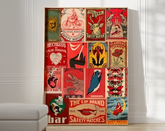 Vintage Matchbox Collage Print, Japanese Retro Wall Art