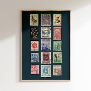 Vintage Briefmarken Poster, Retro Stempel Collage, Trendy Briefmarken Sammlung Poster, Retro Wandkunst, Funky ästhetischer Druck für die Wohnung