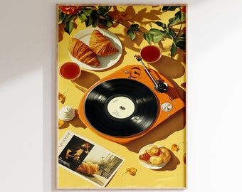 May include: A vintage-style record player with a black vinyl record on a yellow background. There are croissants, pastries, and teacups on the table. The record player is orange and has a black needle.