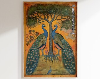 May include: A vintage painting of two peacocks facing each other, standing on either side of a tree with a yellow background. The peacocks have blue and green feathers and the tree has green leaves. The painting is framed in a wooden frame.
