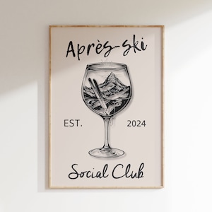 Impresión del club social Apres-Ski, cartel de esquí vintage, impresión de vinos y licores, arte de la pared de las montañas, cartel de cócteles, regalo para amantes del esquí, impresión de bar de esquí