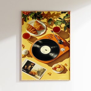 Cartel de sello discográfico retro, impresión de croissant, impresión de sello musical, cartel de disco de vinilo, cartel de música de moda, regalo para amantes de la música, arte de pared grande