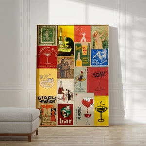 Cartel de collage de bar de cócteles, impresión divertida de barman, portada de libro antiguo, arte de pared grande, cartel de licores y vinos, cartel de alcohol, arte de cócteles
