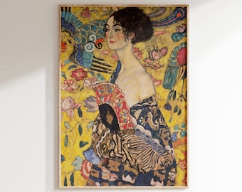 Gustav Klimt, Dama con abanico, lámina de arte floral Art Nouveau.