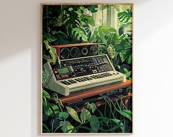 Poster retrò del sintetizzatore MPC, decorazione botanica per la stanza della musica