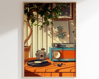 May include: A vintage-style radio and a camera sit on a wooden table with a record player and a vinyl record. The table is in front of a window with a plant and sunlight streaming in.