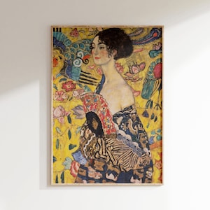Gustav Klimt Lady with Fan Print, Vintage Floral Landscape Painting, Art Nouveau Modern Art Print, Printable Wall Art, Famous Artist