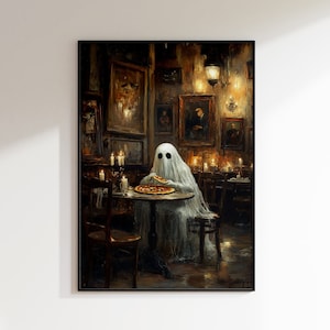 Geist fressende Pizza Halloween Druck, Halloween Kunst Poster, Gruselige Geist Wandkunst, Herbstdekoration, Halloween Wanddekor, Dark Academia