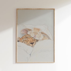 A Little Leopard Lies in The Bed, Hugging Little Cute Rabbit, Nursery Poster, Leopard Poster, Child Room Decor, Rabbit Poster