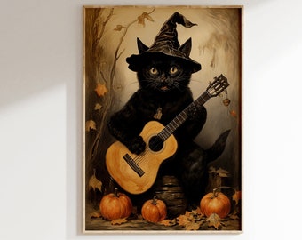 Black Cat Playing Guitar Halloween Poster, Funny Halloween Print, Funny Cat Print, Large Wall Art, Halloween Home Decor, Wall Decor