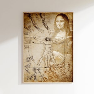 Vitruvian Man Vintage Print, Mona Lisa Print, Leonardo Da Vinci Drawings, Vintage Renaissance Art Print, Renaissance Poster, Large Wall Art