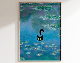 Claude Monet Funny Cat in Waterlilies, Claude Monet Cat Poster, Black Cat Art, Floral Print, Funny Cat Print, Funny Gift, Home Decor Poster