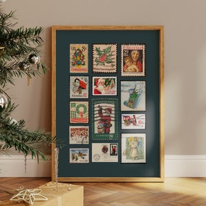 Vintage Weihnachtsbriefmarken Poster, Retro Stempel Collage, Weihnachtsbriefmarkensammlung Plakat, Retro Wandkunst, Weihnachtsdekor, Weihnachtskunst