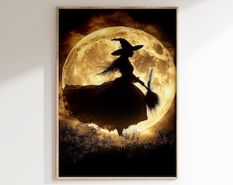 Vintage Halloween Witch Print, Full Moon Poster