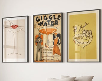 Vintage Cocktail Poster Set, Funny Bartender Art, Bar Decor