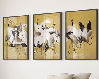 Vintage Japanese Crane Prints Set, Animal Wall Art