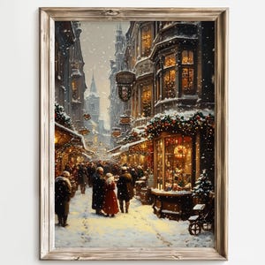 以下が含まれることがあります： フレームに入ったプリントは、クリスマスの時期の雪に覆われたヨーロッパの街並みを描いています。建物は、お祝いのライトと装飾で飾られています。人々は雪に覆われた通りを歩き、温かい雰囲気を醸し出しています。