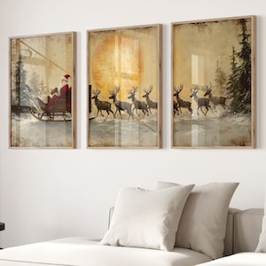 Juego de 3 pósteres de trineo de Papá Noel, juego de pósteres navideños, ciervos, arte de Papá Noel, país de las maravillas invernal, decoración navideña para el hogar. Impresión de Papá Noel