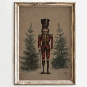May include: A vintage illustration of a toy soldier nutcracker standing between two pine trees. The nutcracker is wearing a red and gold uniform with a black hat and holding a sword. The background is a light brown colour with a subtle snow effect.
