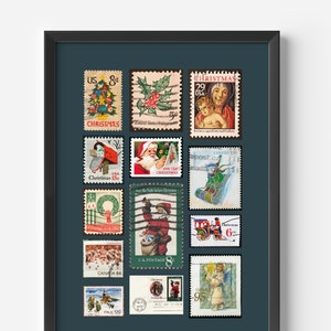 Vintage Weihnachtsbriefmarken Poster, Retro Stempel Collage, Weihnachtsbriefmarkensammlung Plakat, Retro Wandkunst, Weihnachtsdekor, Weihnachtskunst