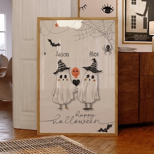 Custom Name Halloween Couple Print, Halloween Love Poster, Halloween Family Wall Art, Ghost Family Print, Ghost Wall Art, Romantic Print