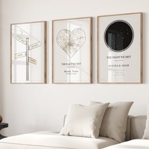 Lot de 3 cartes étoilées personnalisées, affiche plan de la ville, affiche de plaque de rue personnalisée, cadeau d'anniversaire de la rencontre de notre nuit, impression ciel nocturne, ensemble d'impressions plan de rue