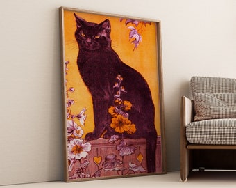 Vintage Halloween Cat Poster, Floral Animal Print