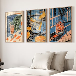 Conjunto de carteles de cóctel retro de 3, arte de pared de cóctel japonés, decoración de la pared de la cocina, conjunto de carteles de alcohol, pared de la galería colorida, decoración del hogar