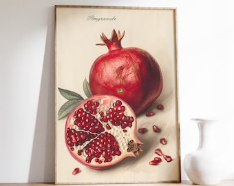 Vintage Pomegranate Poster, Pomegranate Illustration, Rustic Kitchen Decor, Pomegranate Print, Fruit Wall Art, Farmhouse Decor, Botanical