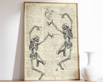 Two Skeletons Dancing Printed On An Antique Old Dictionary Page, Gothic Home Decor, Victorian Macabre Print,  Dark Academia, Halloween Art