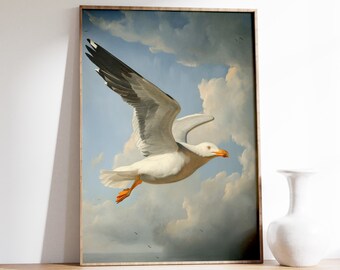 Vintage Seagull Print, Coastal Bird Wall Art, Nature Nautical Decor