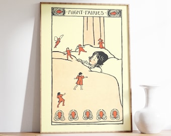Plakat z Nocnymi Wróżkami, Wydruk z Wróżkami w Stylu Vintage, Ilustracja z Wróżkami, Duża Sztuka Ścienna, Wydruk do Pokoju Dziecięcego, Wydruk ze Starej Książki, Pieśni z Bliska i Dalekiego Wschodu