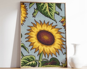 Art Deco Sunflower Print, Retro Botanical Japanese Poster