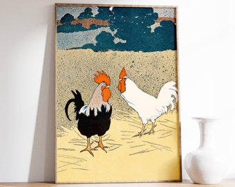 Vintage Rooster Illustration Print, Farmhouse Chicken Art