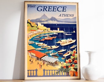 Athene Griekenland poster, reisprint, Griekse print, vintage muurkunst, extra grote poster. Griekenland Met de stad en haven, haven, zeilboten,