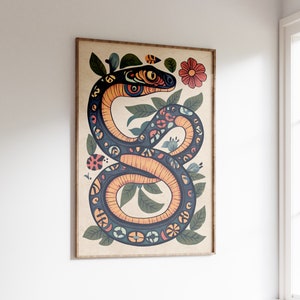 Vintage Mexican Snake Poster, Colourful Mexican Poster, Traditional Mexican Artwork, Floral Vintage Poster, Latin Decor, Mexican Motives