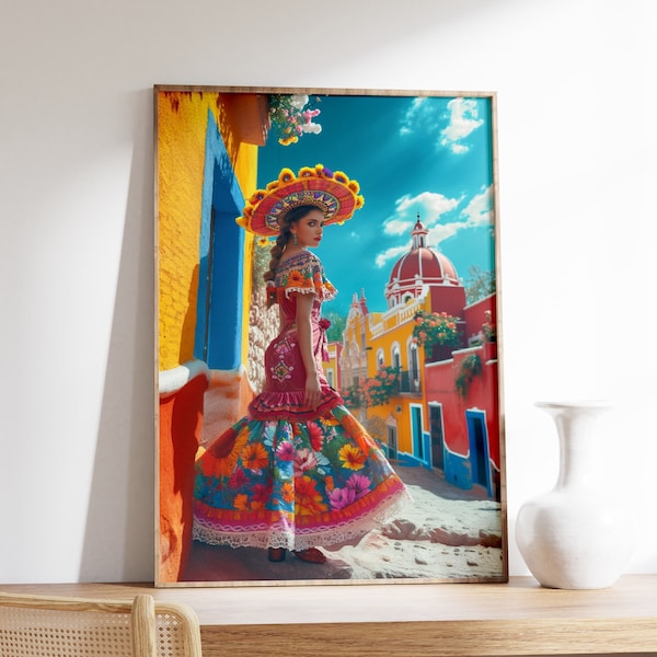 Vintage Mexican Girl Poster, Colourful Mexican Art Print, Traditional Mexican Artwork, Floral Vintage Poster, Latin Decor, Cultural Gift