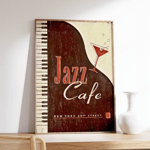Cartel de cóctel Jazz Cafe, cartel de bar de cócteles, impresión divertida de barman, regalo amante del jazz, arte de pared grande, cartel de licores y vinos, impresión de piano