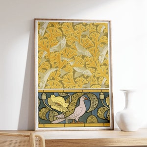 Póster vintage de palomas, Art Déco, estampado de pájaros, estampado botánico, póster de flores, Maurice Pillard Verneuil, patrón floral, paloma