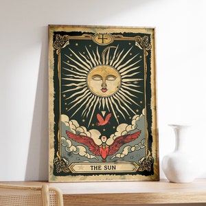 El cartel de la carta del tarot del sol, impresión de la carta del tarot del sol, arte de la pared del tarot vintage, impresión de la academia oscura, estética oscura, arte de la pared gótica, impresión mágica
