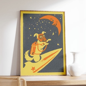 May include: A yellow and orange illustration of a dog wearing a gas mask and a jetpack, riding a rocket through space. The dog is facing the right side of the image. The background is a dark blue with white stars and a crescent moon.