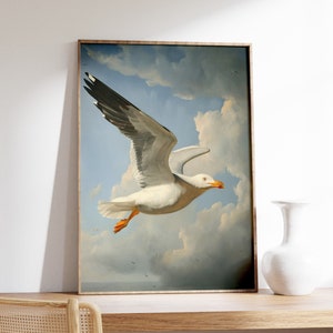 Impresión de gaviota vintage, cartel de gaviota de acuarela, arte de pared de gaviota, cartel de aves, arte de pared de animales, decoración de la habitación de la playa, decoración náutica de la naturaleza
