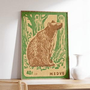 Bear Matchbox Print, Vintage Bear Print, Bear Wall Art, Hungarian Matchbox Label. Matchbox Print, Rustic Bear Wall Decor, European Bear Art